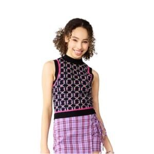 SO Retro Sweater Vest Preppy Black Fuchsia Crop High Neck Vest Junior Medium NEW